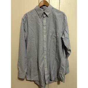 Stafford Men's Dress Shirt Size 17 Blue Striped Wrinkle Free Oxford Button Up